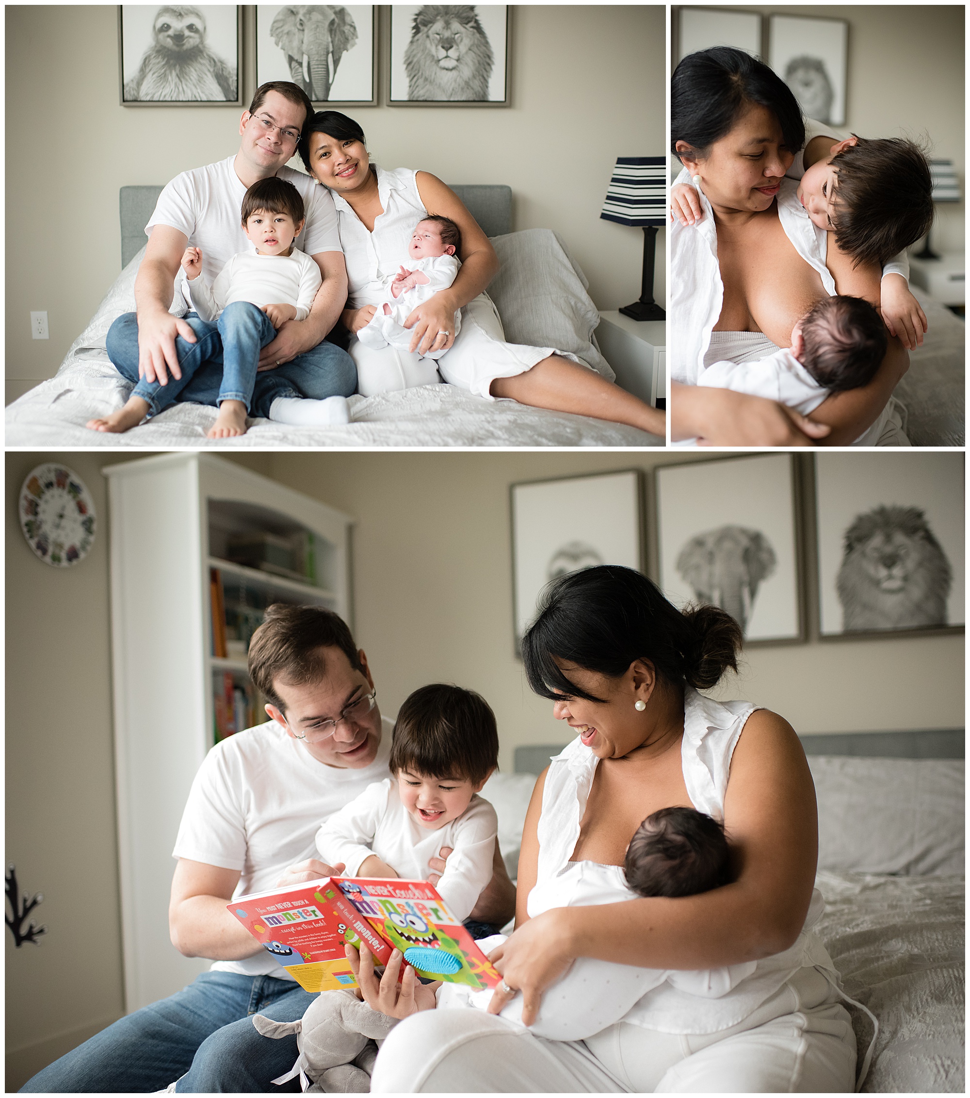 Family of Four on bed breastfeeding Emily Ann Photography Seattle Photographer Indoor Newborn Photoshoot