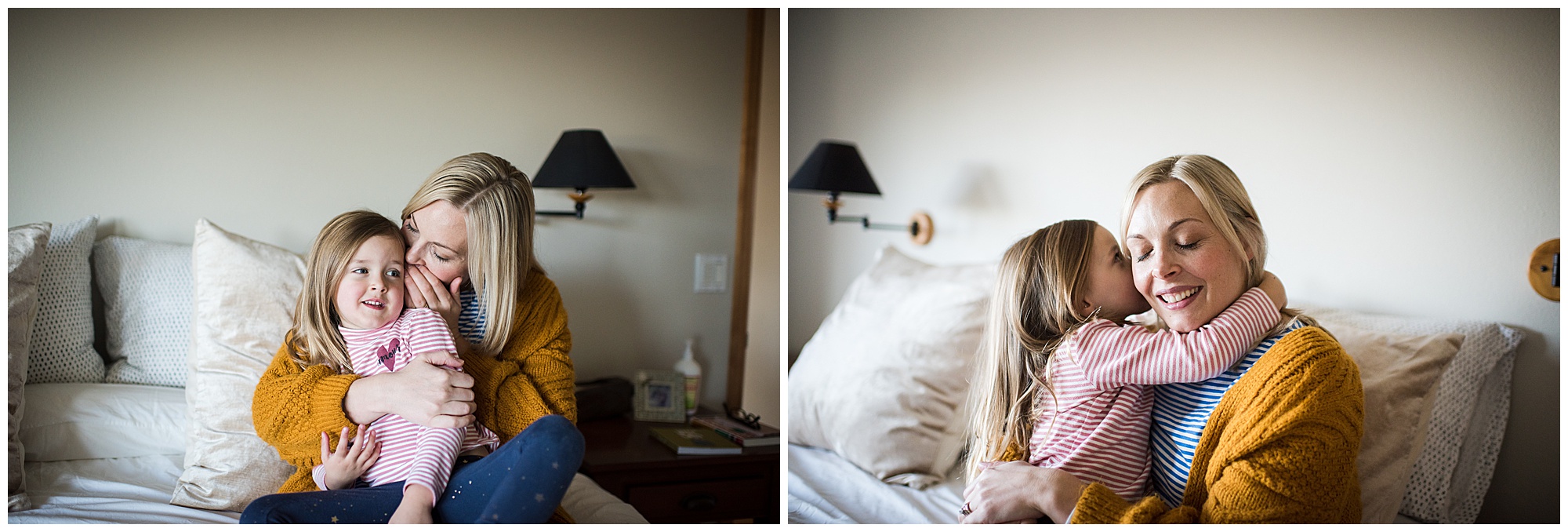 Mom and daughter on bed whispering secrets to each other Emily Ann Photography Seattle Kirkland Bellevue Photographer
