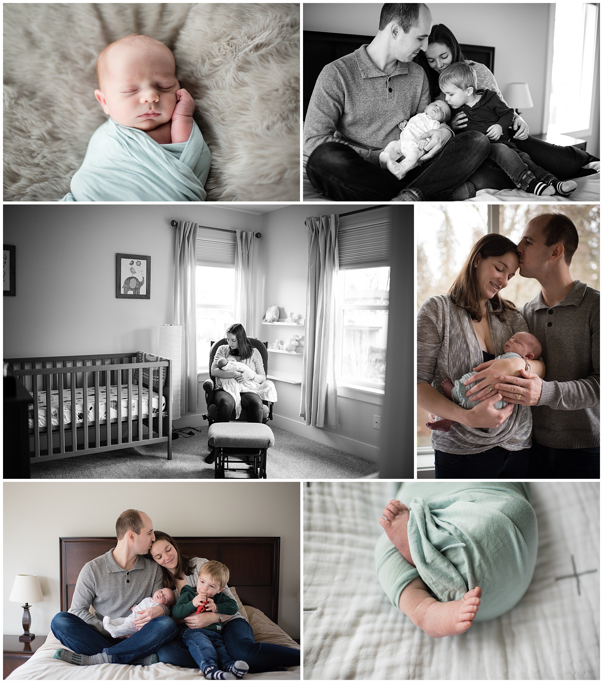 Collage of newborn baby boy photos with family in nursery Newborn baby boy with big brother playing with little red car on bed Emily Ann Photography Seattle Photographer