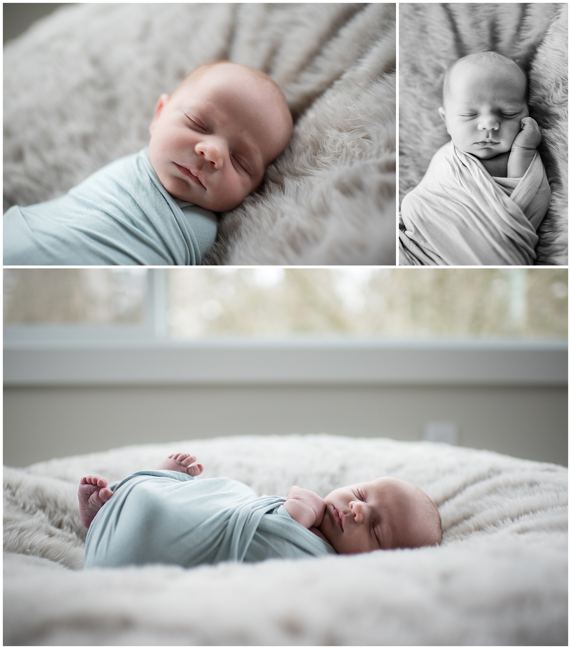 Newborn baby boy swaddled in blue blanket Newborn baby boy with big brother playing with little red car on bed Emily Ann Photography Seattle Photographer