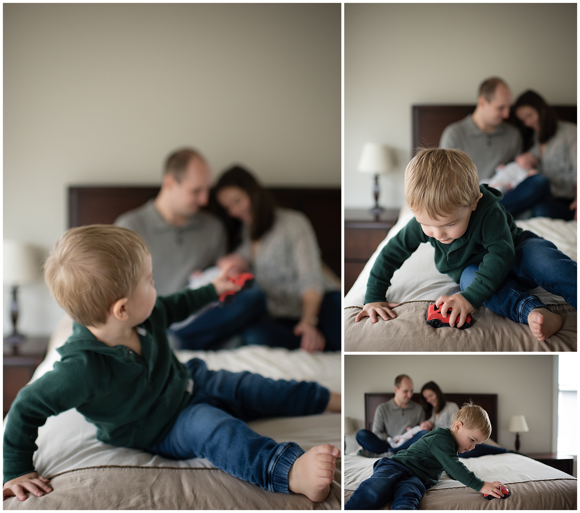 Newborn baby boy with big brother playing with little red car on bed Emily Ann Photography Seattle Photographer