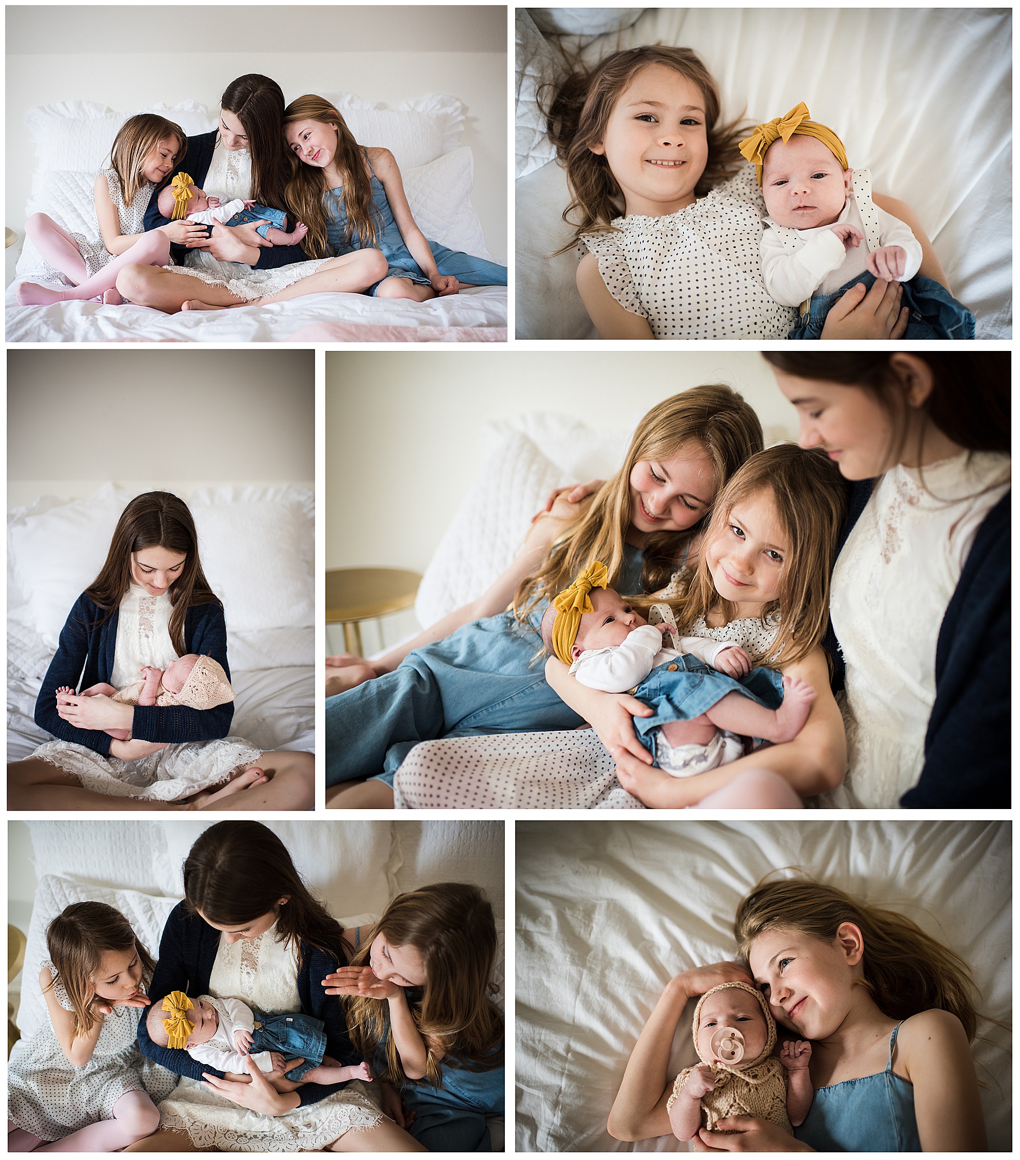 Newborn Baby Girl with 3 three sisters on bed lifestyle photoshoot with Emily Ann Photography Seattle Photographer