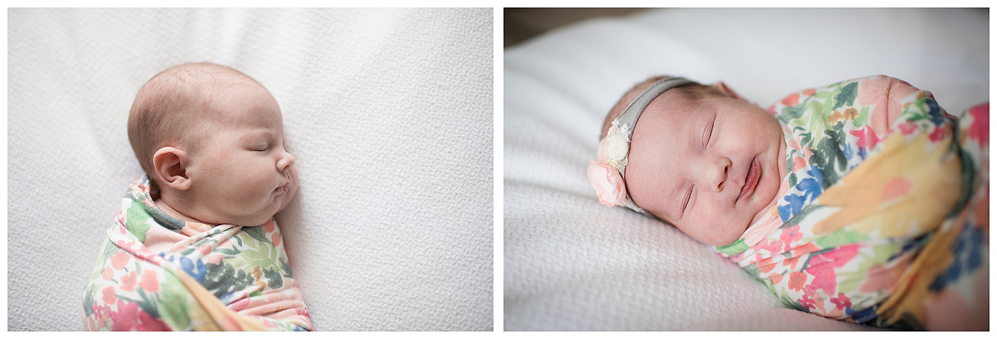 Swaddled newborn baby girl in floral wrap Emily Ann Photography Seattle Photographer