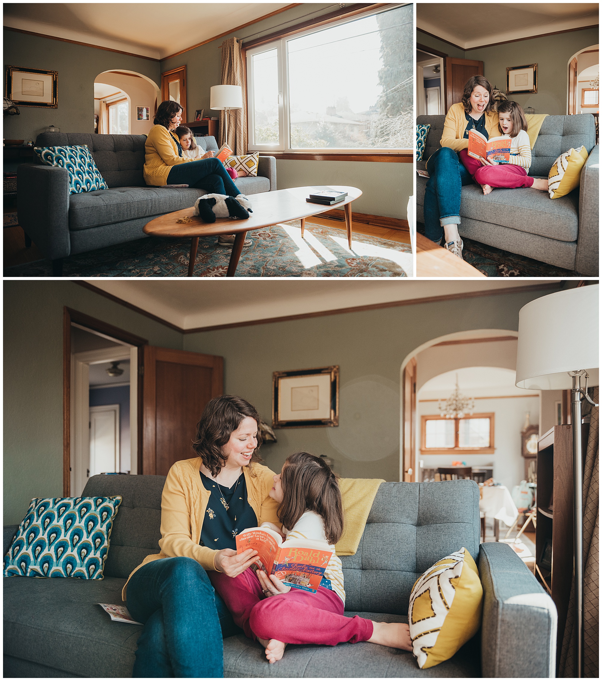 Collage of Mom and daughter reading on couch in living room big picture window Emily Ann Photography Seattle Photographer
