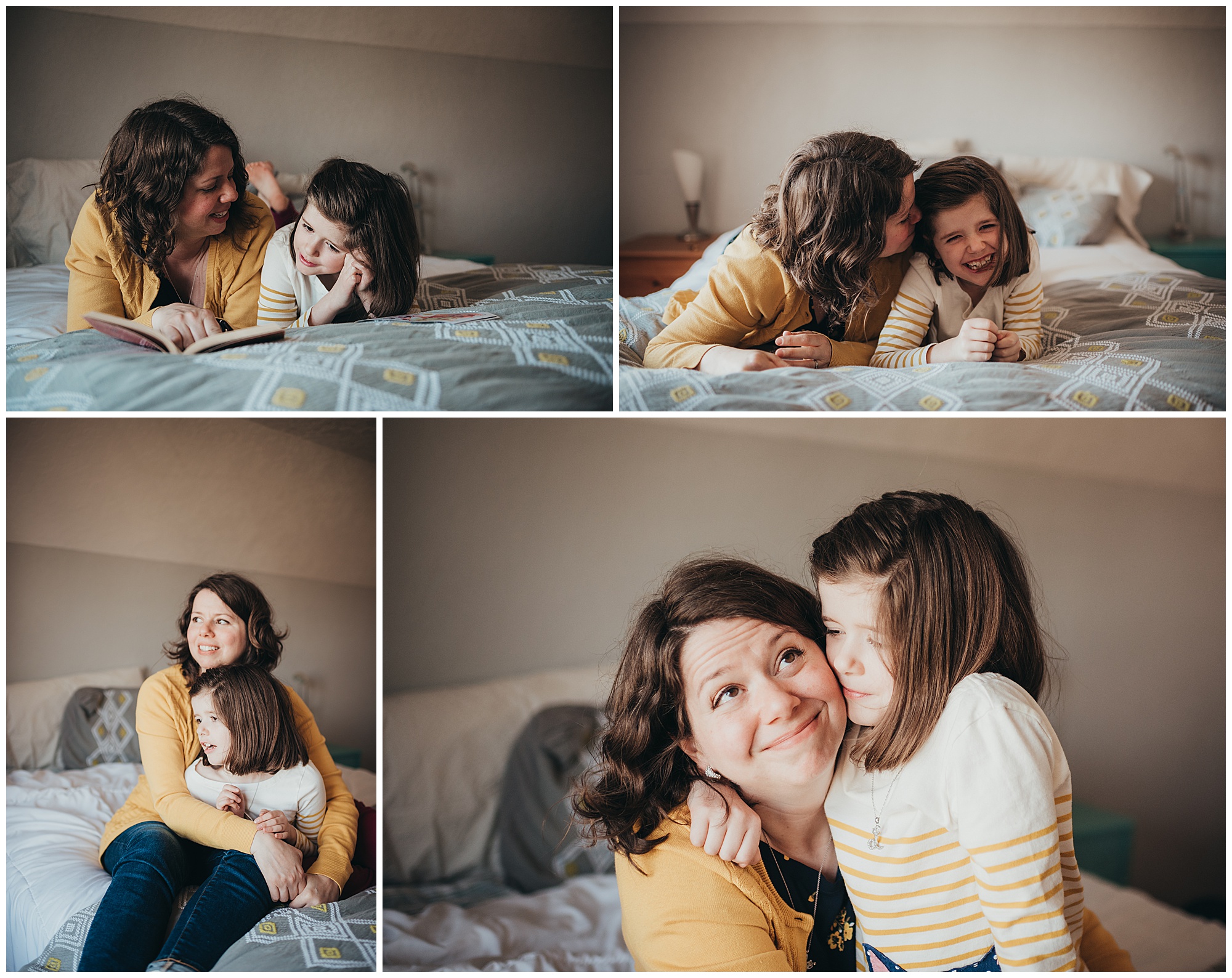 Collage of mom and daughter cuddling on bed looking out window Emily Ann Photography Seattle Photographer