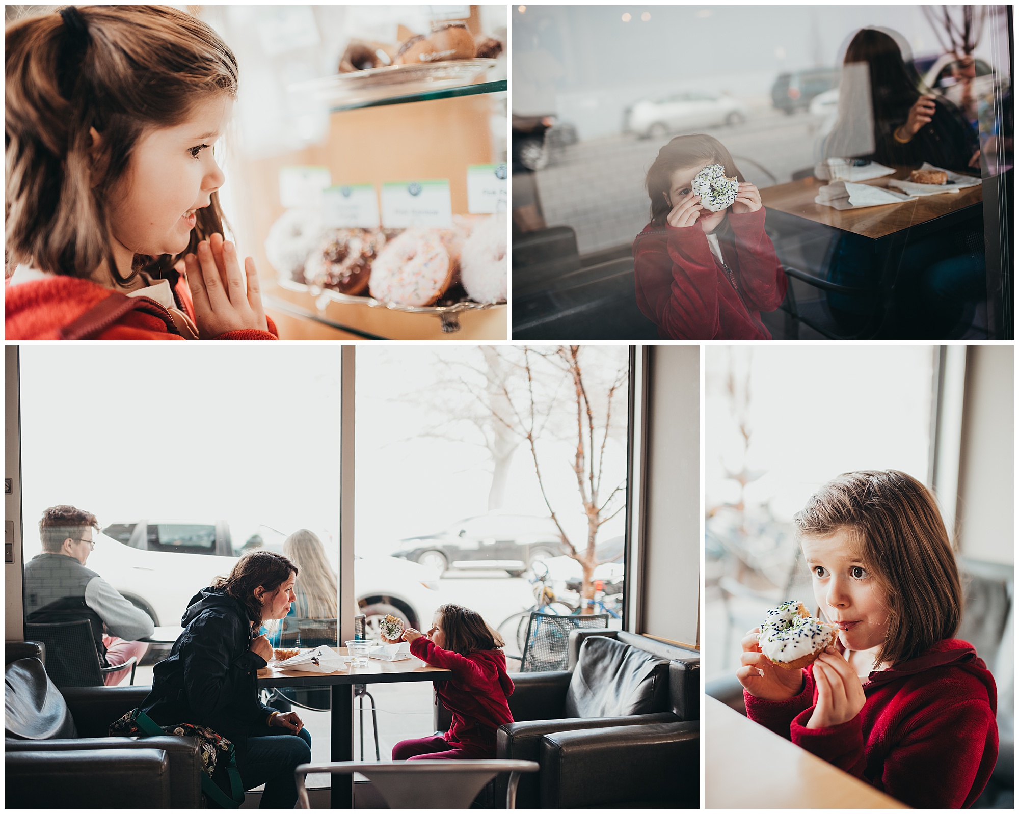 collage of mom and daughter photo session at donut shop Emily Ann Photography Seattle Photograph