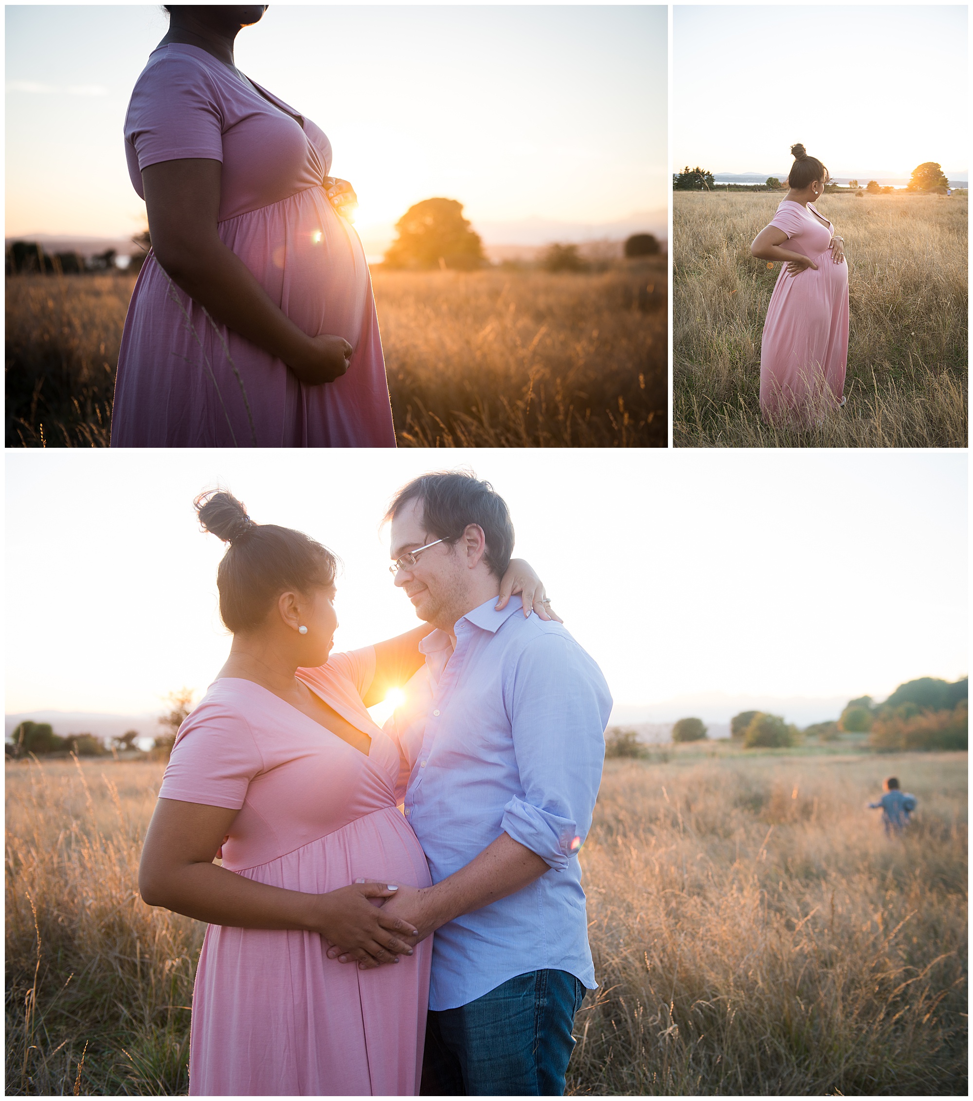 Collage of Outdoor Maternity Photoshoot In Field at Sunset Pink Dress Pregnant Family with little Boy Emily Ann Photography Seattle Photographer