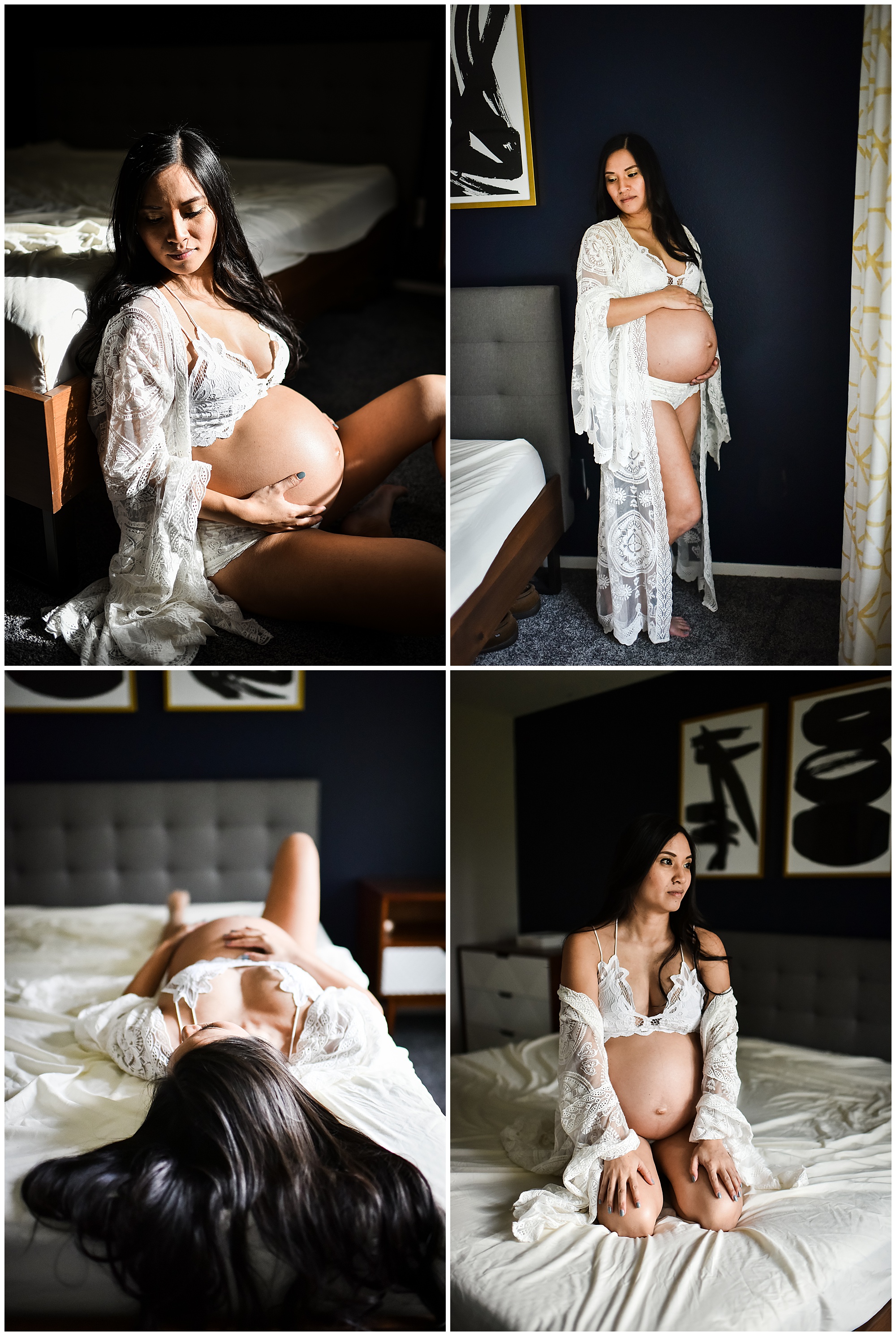 In home Lifestyle Maternity Boudoir Photoshoot pregnant woman in lace robe Emily Ann Photography Seattle Photographer.