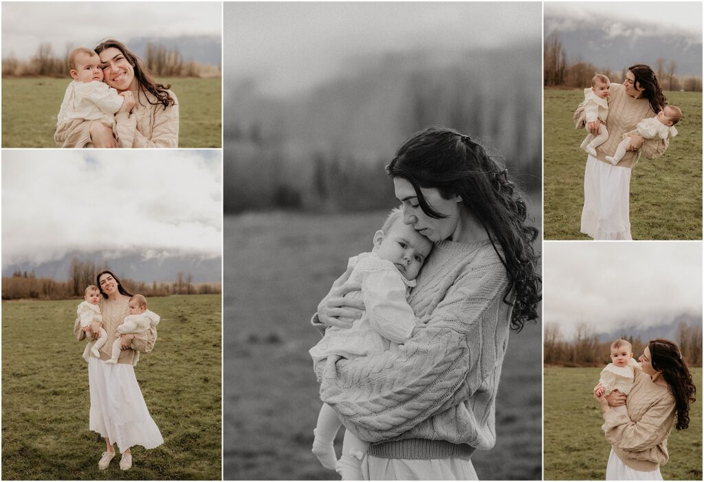 Photo montage of Mom holding baby twin girls in large field under a foggy mountain. Mount Si, North Bend, WA
