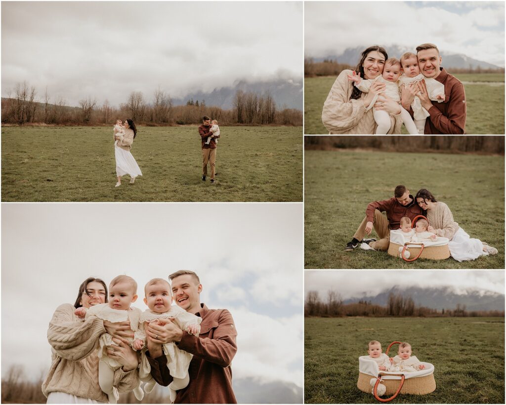 Cute family of four play and picnic in large field with a foggy mountain backdrop. Seattle lifestyle photography