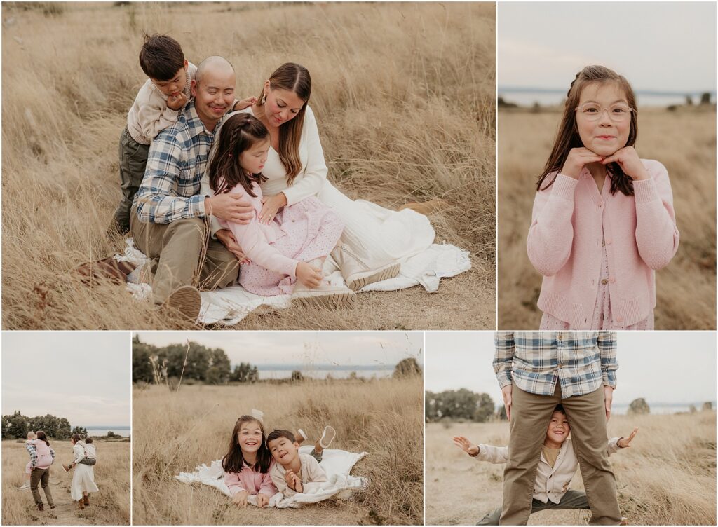 A collage of lifestyle family photos of a cute family of four dressed in neutral tones hanging out in a tall grass field overlooking the puget sound