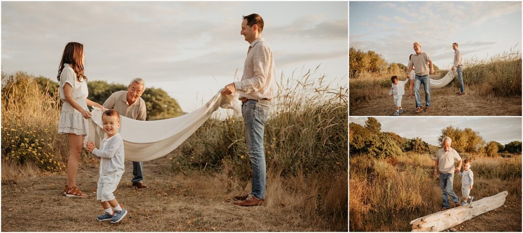 Collage of family photos set in a seattle park at sunset. This family of three plus out of town grandpa plays with a hammock and walks on a log