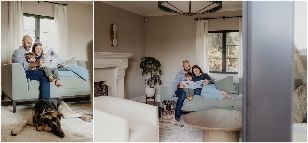 Photos of a cozy family of three snuggled up on velvet sofa with dog laying at their feet