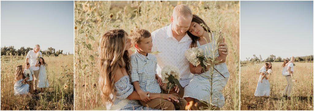 Seattle family of four wearing blue and white gingham and neutral clothing in sunny flower field