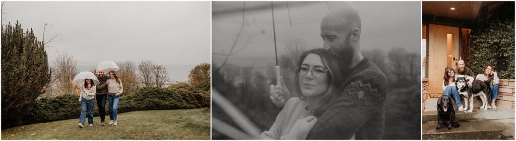 Rainy seattle lifestyle family session with family of 3 carrying clear umbrellas and hanging with their dogs on their front porch.