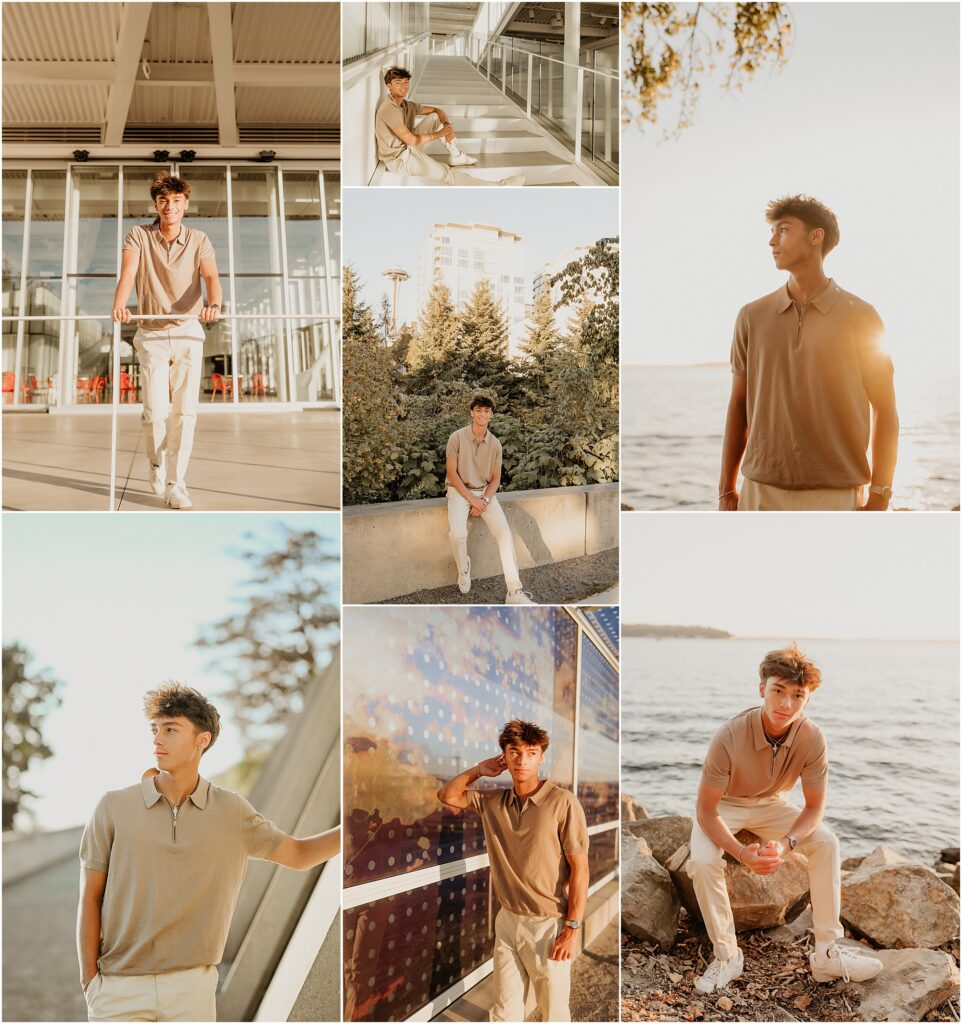 Collage of photos from a high school senior boy's photo session at the Olympic Sculpture Park in Seattle WA - a great location for senior photos
