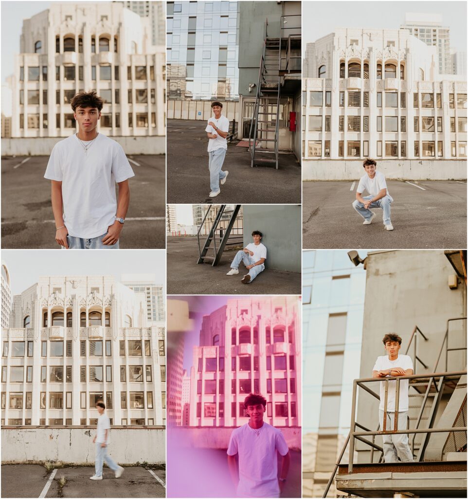 High school senior photos of a boy wearing white t-shirt and jeans on a cool rooftop garage in downtown Seattle