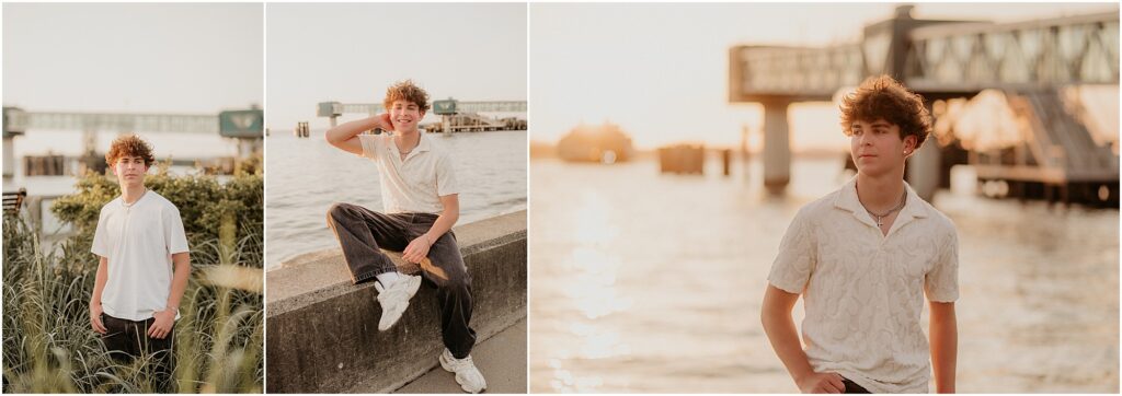 high school senior boy photos at edmonds waterfront with ferry dock in distance - a great location option for senior photos
