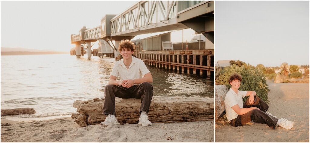 Photos of high school senior boy at Edmonds beach sitting on a log at sunset with ferry dock behind him
