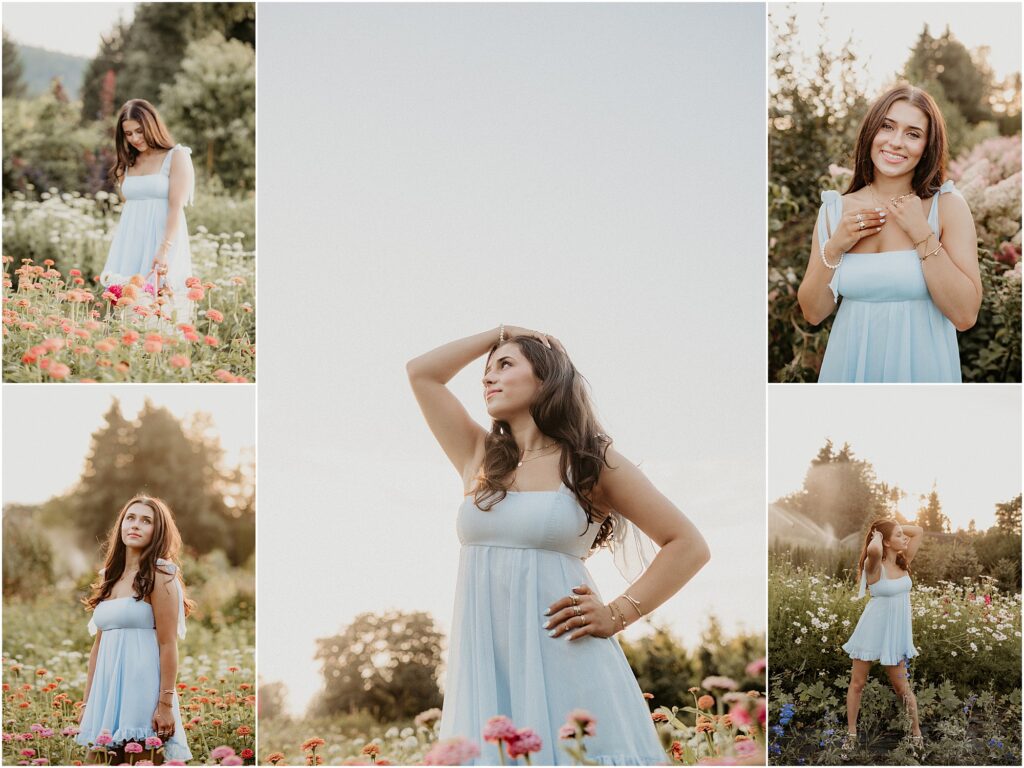 collage of photos of high school senior girl wearing light blue baby doll dress standing in a field of flowers - great location for senior photos
