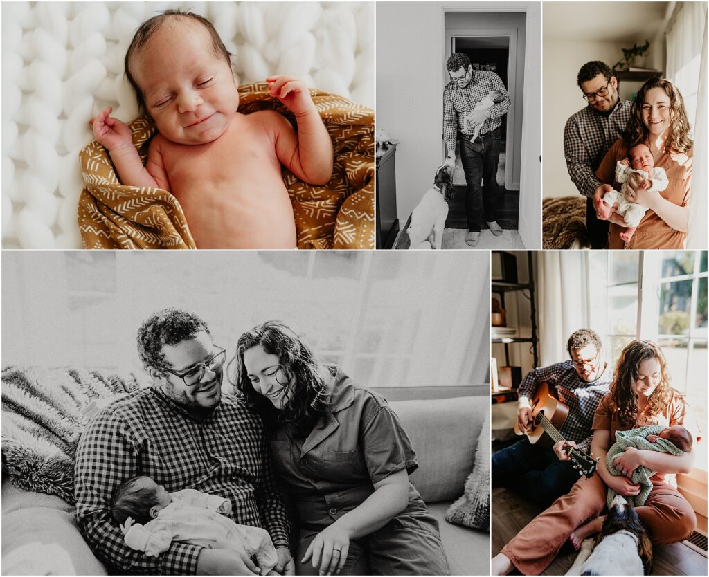 Cozy in-home newborn lifestyle photos of family of three with dog in sun-drenched living room. Benefits of using the same photographer is comfort and continuity.