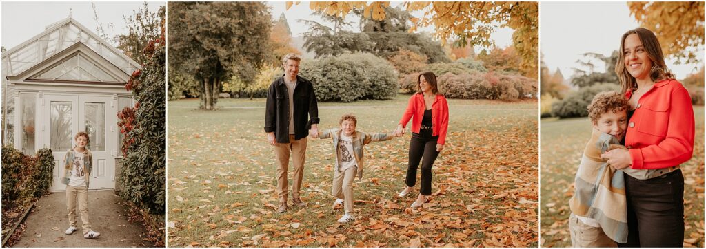 Family of three lifestyle photos at Volunteer Park in Seattle WA with fall foliage.