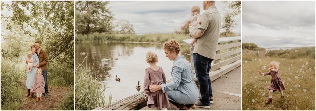 Lifestyle family photos of family of 4 wearing pastel colors in lush green park and duck pond.