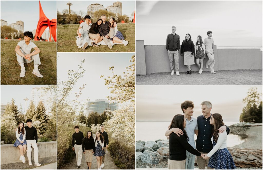 Lifestyle family photos at Olympic Sculpture park with family of four with older teenagers including high school senior.