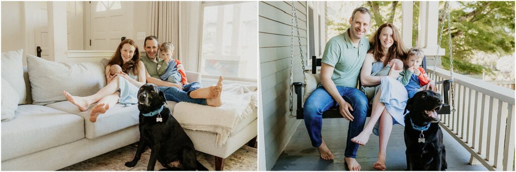 Family of four with newborn baby, big brother and black lab. cozy in-home newborn session with family in sundrenched living room and on front porch swing.
