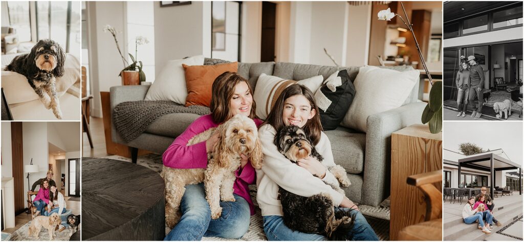 Collage of dogs in family photos. Cozy in-home family session featuring their two dogs.