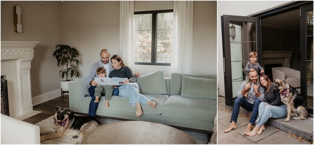In-home family photo session featuring parents, toddler and german shepherd dog.