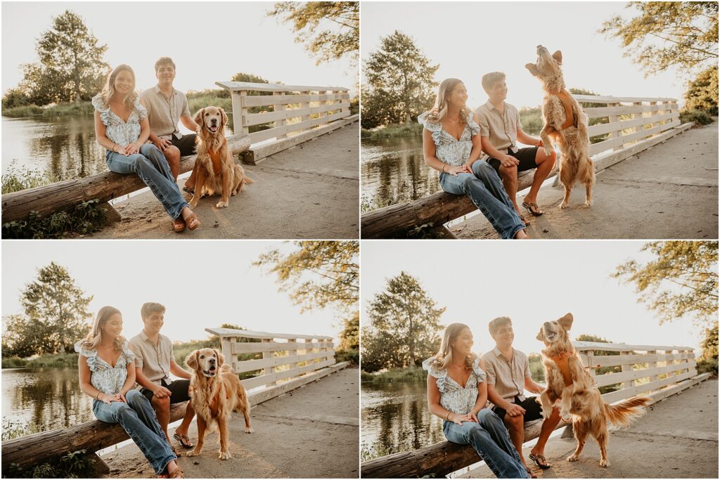 Teenagers taking pictures with golden retriever family dog. Dog jumps for treat.