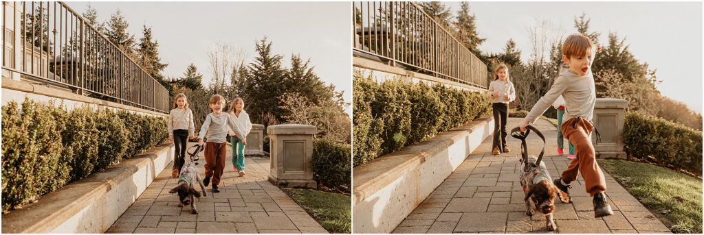 Three siblings with their new puppy. Dogs in family photos