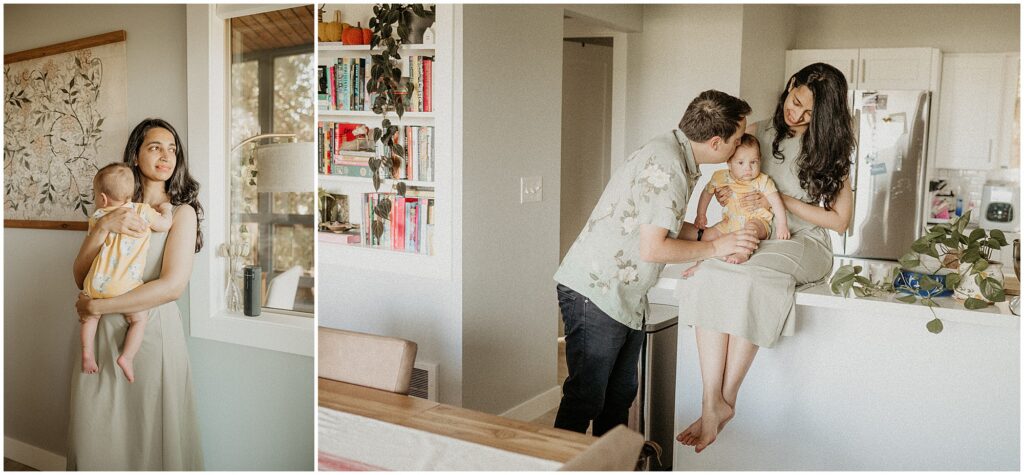 Photos of a mom holding baby leaning against dining room wall next to large window and dad kissing baby while mom sits on kitchen counter of their eclectic bohemian home
